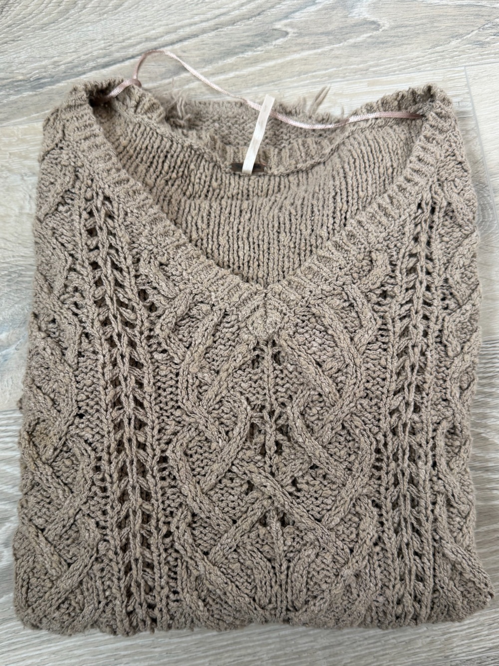 Free People Sz S Taupe Cable Knit V-Neck Sweater 100% Cotton